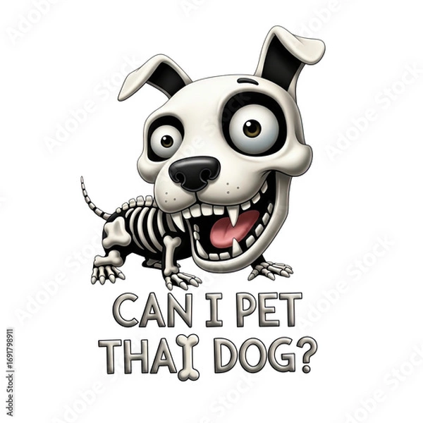 Fototapeta Funny cartoon dog with wide eyes and a huge grin skeleton showing through its body isolated on transparent background