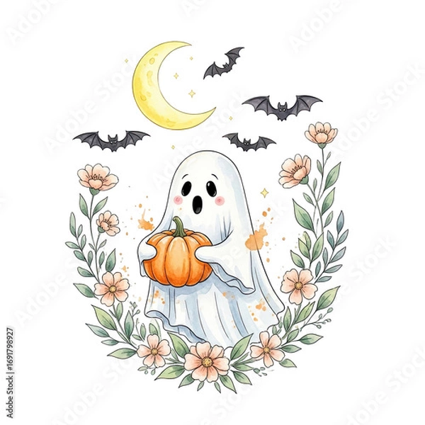 Fototapeta Cute watercolor ghost holding a pumpkin surrounded by flowers and bats under a crescent moon isolated on transparent background