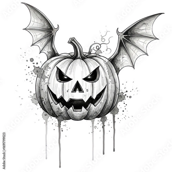 Fototapeta Spooky halloween jack o lantern with bat wings dripping paint isolated on transparent background