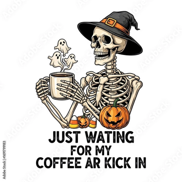 Fototapeta Spooky skeleton wearing a witch hat holding a mug with ghosts and candy corn isolated on transparent background