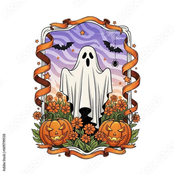 Fototapeta Spooky halloween ghost with pumpkins and bats in a decorative frame isolated on transparent background