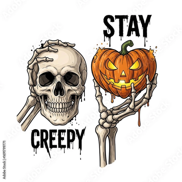 Fototapeta Spooky halloween skeleton hand holding a carved jack o lantern pumpkin next to a human skull isolated on transparent background