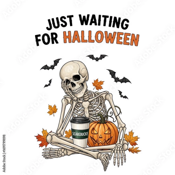 Fototapeta A thoughtful skeleton sits with a pumpkin and autumn leaves on a transparent background isolated on transparent background