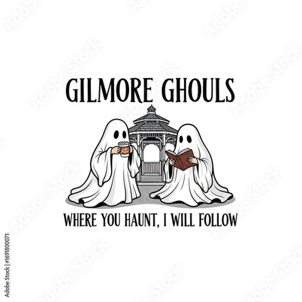 Fototapeta Two cute cartoon ghosts holding a heart in front of a haunted house isolated on transparent background