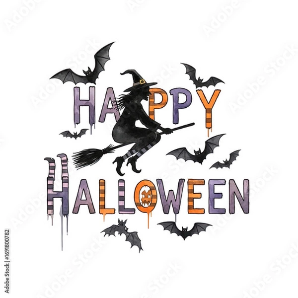 Fototapeta Spooky happy halloween text with flying bats and pumpkin jack o lantern isolated on transparent background