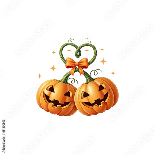 Fototapeta Two carved halloween jack o lantern pumpkins connected by a heart shaped vine with a bow isolated on transparent background