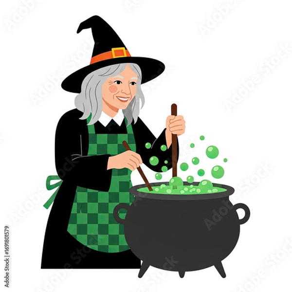 Fototapeta Smiling elderly witch with grey hair wearing a checkered apron stirring a bubbling green potion in a cauldron isolated on transparent background