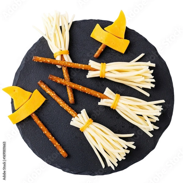Fototapeta Creative halloween witch broom snacks made from string cheese and pretzel sticks isolated on transparent background