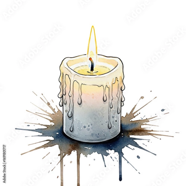 Fototapeta A single lit white candle with dripping wax and a splash of melted wax isolated on transparent background