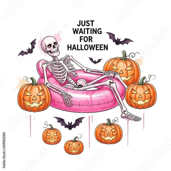 Fototapeta Whimsical skeleton relaxing in a pink inflatable ring surrounded by carved pumpkins and bats isolated on transparent background