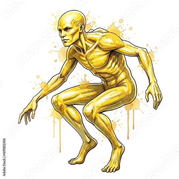 Fototapeta Golden skeletal figure with expressive pose and yellow paint splatters isolated on transparent background