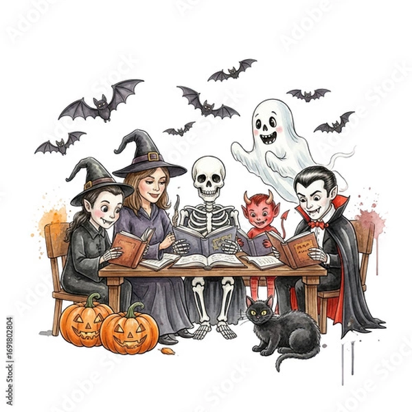 Fototapeta Vintage halloween characters gathered around a table with pumpkins and bats on a transparent background isolated on transparent background