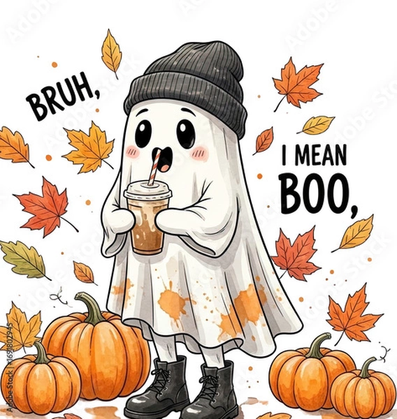 Fototapeta Cute cartoon ghost wearing a beanie and drinking coffee surrounded by pumpkins and autumn leaves isolated on transparent background