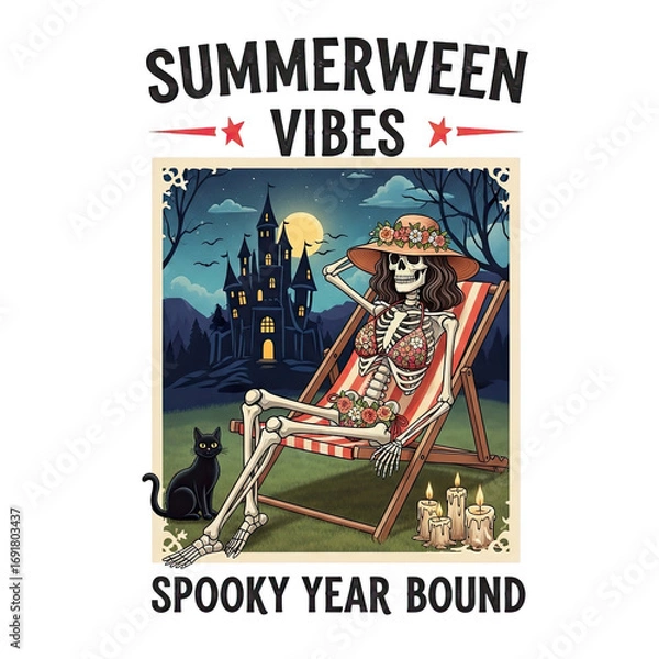 Fototapeta Skeleton relaxing in a beach chair with a hat and spooky summer vibes isolated on transparent background