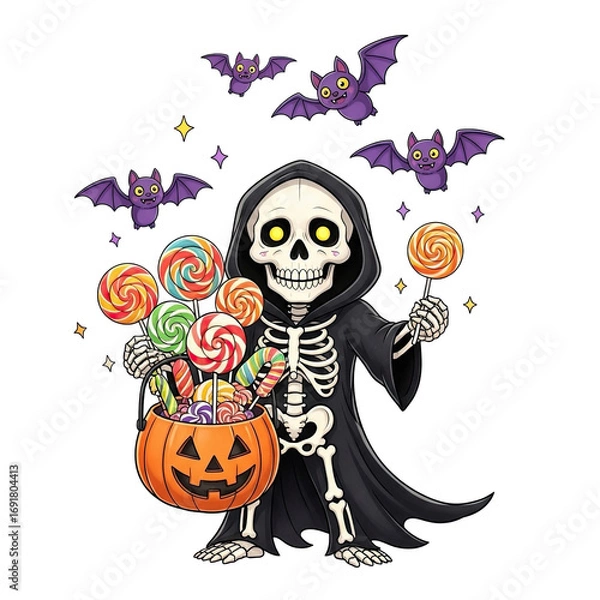 Fototapeta Spooky skeleton character in a black hooded robe holding a pumpkin bucket full of colorful halloween candy isolated on transparent background