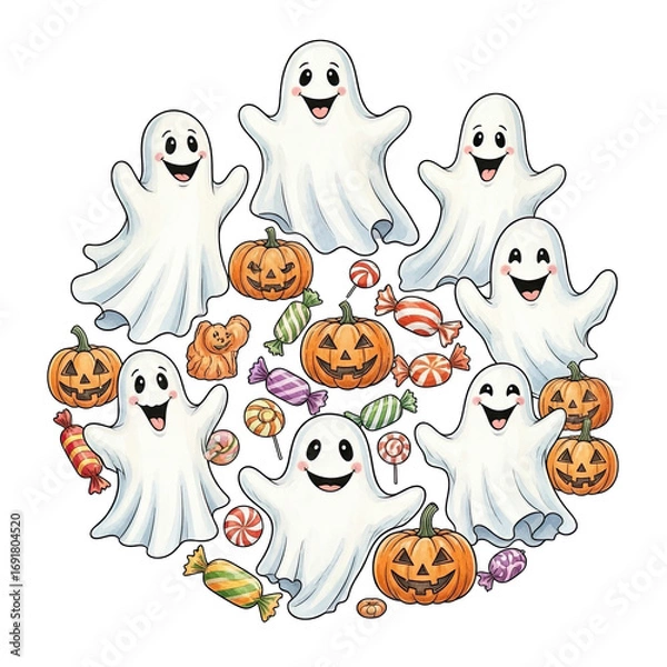 Fototapeta Whimsical halloween illustration of friendly ghosts and jack o lanterns arranged in a circular pattern isolated on transparent background