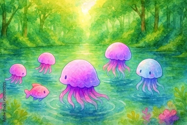 Fototapeta 森の川を漂うクラゲと魚