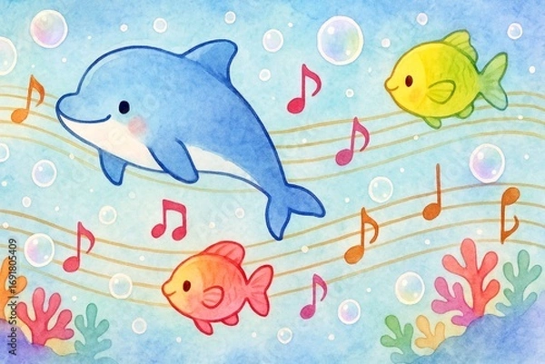 Fototapeta 音楽と海を楽しむイルカと魚