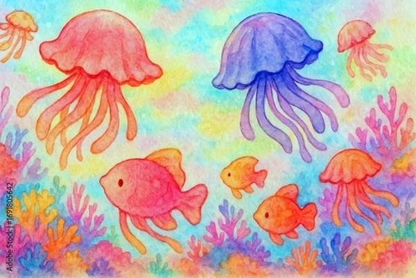 Fototapeta クラゲと魚のファンタジー海底