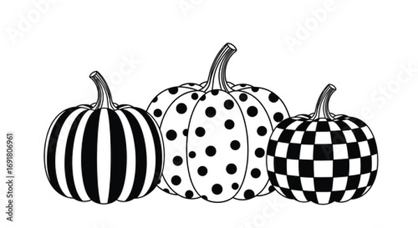 Obraz Vector art of three patterned pumpkins in black and white