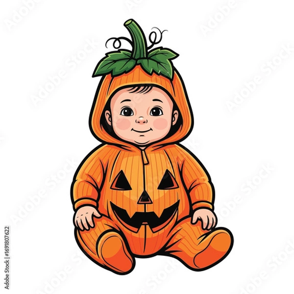 Obraz Vector art of cute baby in a pumpkin costume illustration