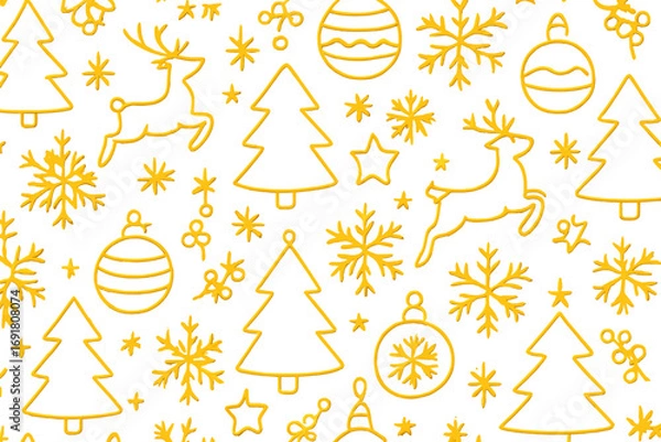 Fototapeta Christmas seamless pattern with gold outline icons. Festive holiday background with reindeer, tree, snowflake. Winter vector illustration for wrapping paper, textile design.