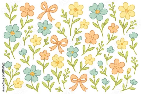 Fototapeta Cute floral seamless pattern with delicate flowers and bows in soft pastel colors. Hand-drawn vector cartoon illustration. Great for textile, wallpaper, scrapbooking, or kids nursery decor.