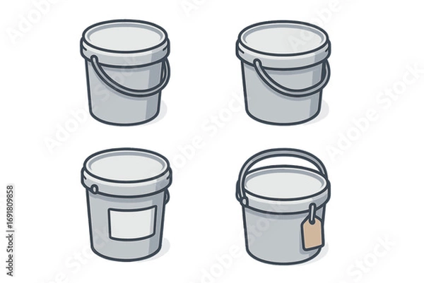 Fototapeta Isometric storage buckets icon set. Flat vector cartoon illustration of utility pails. Stackable plastic containers with handle, lid, and blank label or price tag for design.