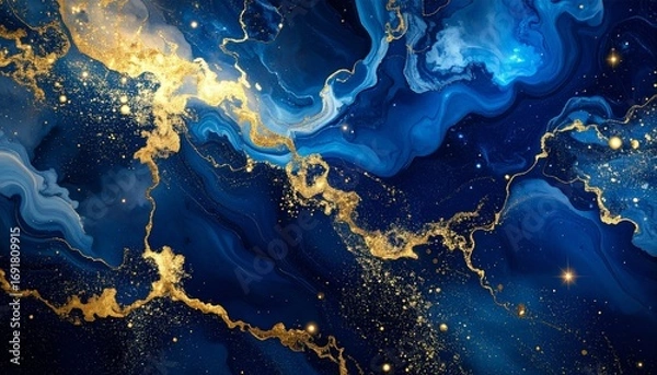 Obraz Abstract Blue and Gold Marble Texture with Glittering Accents, Elegant Background