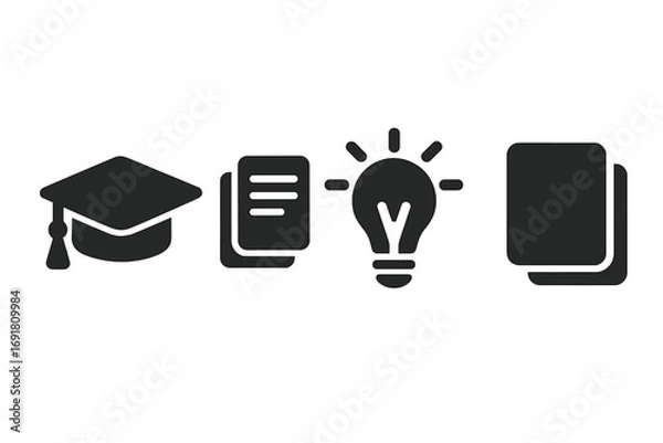 Fototapeta Student academic project icons. Solid vector glyphs set with graduation cap, research paper, lightbulb idea, and poster for university exhibition or presentation.