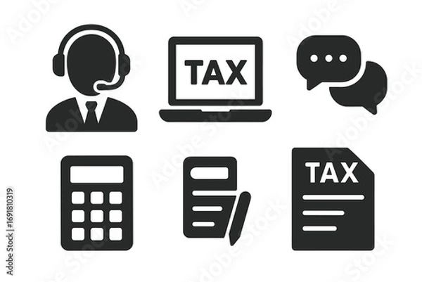 Fototapeta Tax advisor icon set, solid filled vector with headset, laptop showing tax, calculator, speech bubbles, tax document, and writing paper, financial and accounting symbols, office essentials
