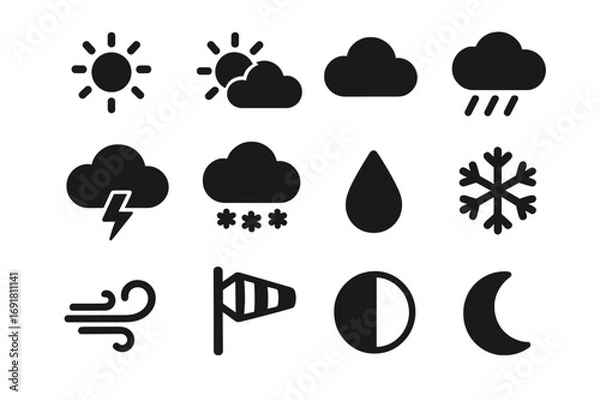 Fototapeta Weather conditions solid icons set filled climate atmospheric symbols vector cartoon illustration transparent background ordered set rain sun cloud snow wind thunderstorm moon phase temperature icons