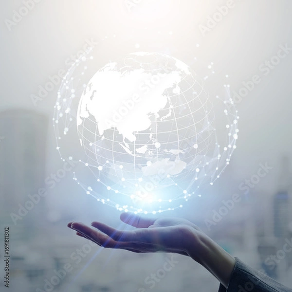 Fototapeta 女性の手とグローバルネットワーク　バナー・広告向け正方形ビジュアル