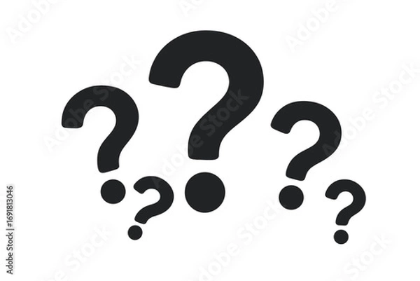 Fototapeta Vector flat illustration of black question marks symbolizing inquiry, curiosity, confusion, and questioning in a minimalist style, cartoon design with transparent background, inquiry symbols