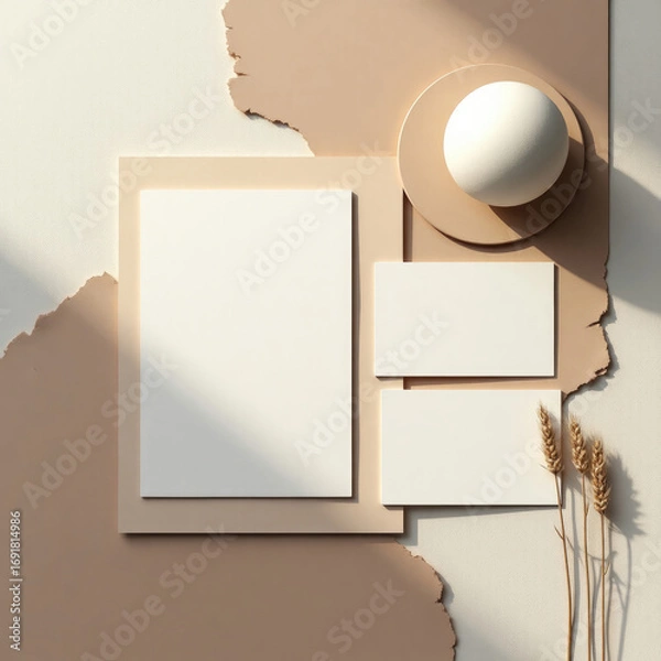 Fototapeta Invitation card mockup minimalist arrangement featuring white paper, tan envelope, sphere, and wheat stalks on neutral surface