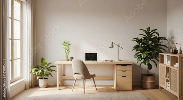 Fototapeta Minimalist home office desk with lamp and decor