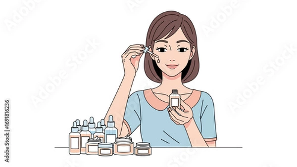 Fototapeta Young woman applying facial serum from a dropper bottle to her cheek surrounded by various skincare products and bottles on a table