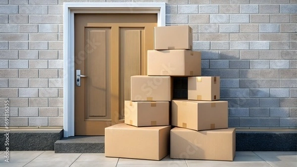 Fototapeta Cardboard boxes stacked outside a front door on a porch