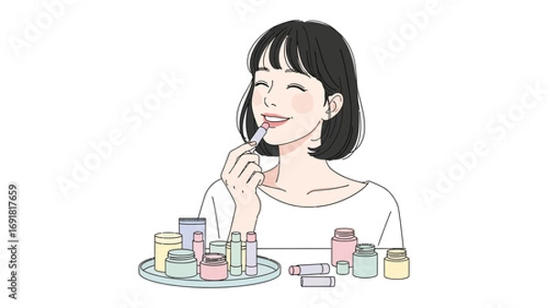 Fototapeta Young woman applying lipstick with a smile surrounded by various beauty products and makeup on a table illustration style