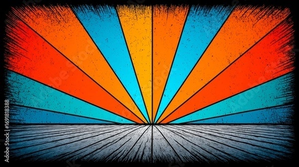 Fototapeta Retro Sunburst Rays with Grunge Texture and Wooden Floor Banner Background for Vintage Poster, Stage Design, Abstract Artwork, and Decoration
