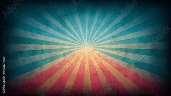 Fototapeta Retro Banner Background with Radiant Red and Blue Sunburst Rays on Textured Vintage Sky in Grunge Abstract Artistic Design
