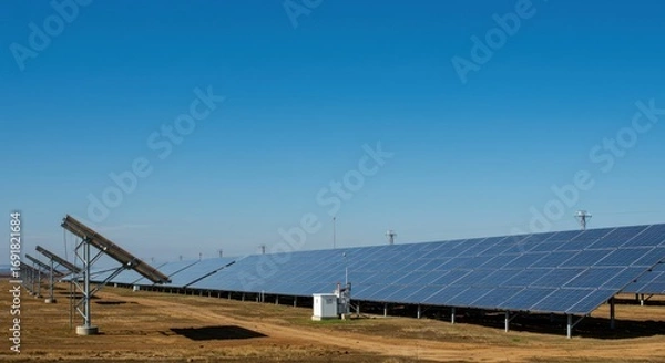 Fototapeta Solar Panel Array in Open Land Under Clear Blue Sky