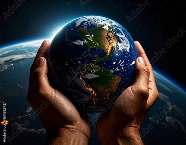 Fototapeta Human Hands Holding the World in the Darkness of Space