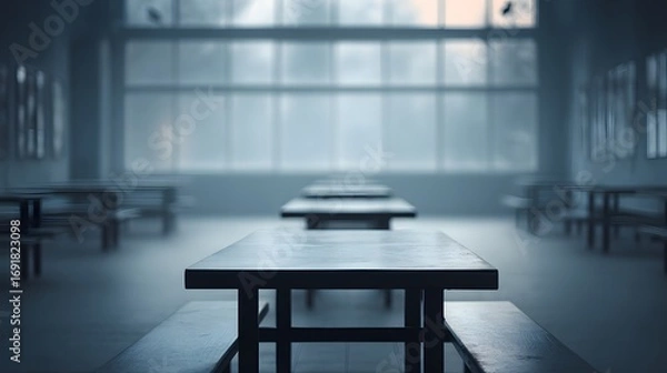 Fototapeta Community shelter dining area with trays left on tables, cold morning daylight glow, muted gray-blue palette