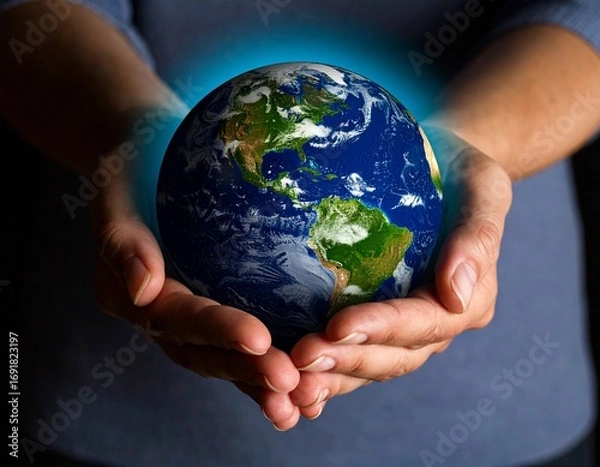 Fototapeta Protecting Planet Earth in Hands with Blue Background