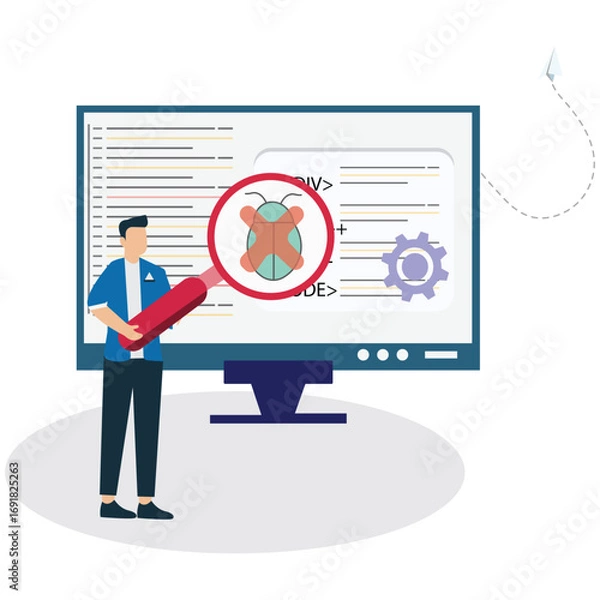 Obraz A developer is debugging code on a computer screen with a magnifying glass, searching for a bug in the software, isolated on white background