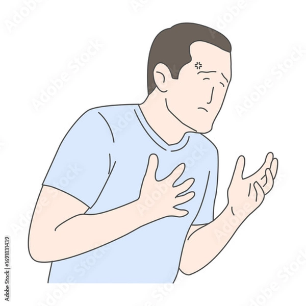 Fototapeta Illustration of a man experiencing discomfort or pain in his chest with a worried expression on his face