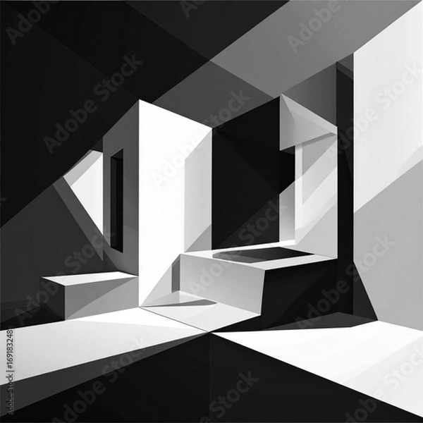 Fototapeta A harmonious cascade of fragmented architectural forms defined by stark light and deep shadow in a surreal, monochromatic interior space