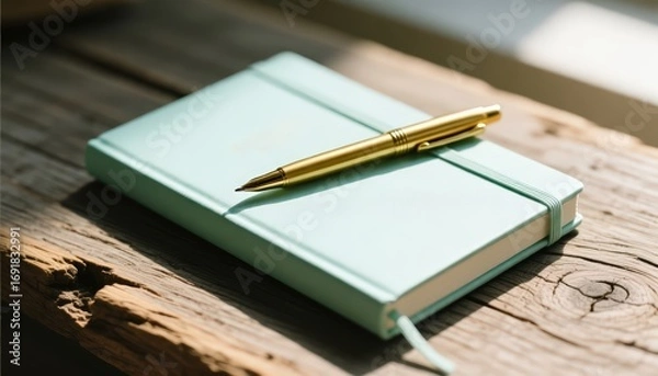 Fototapeta Notebook and Pen on Wooden Table Writing, Journaling, Stationery