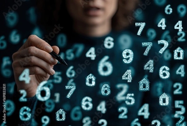Obraz Person writing with pen over floating numbers and symbols, possibly homes